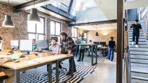 Employees working in an open office space