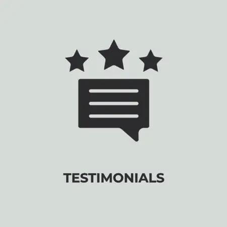 Icon showing a speech bubble with three horizontal lines, topped by three stars, representing testimonials.