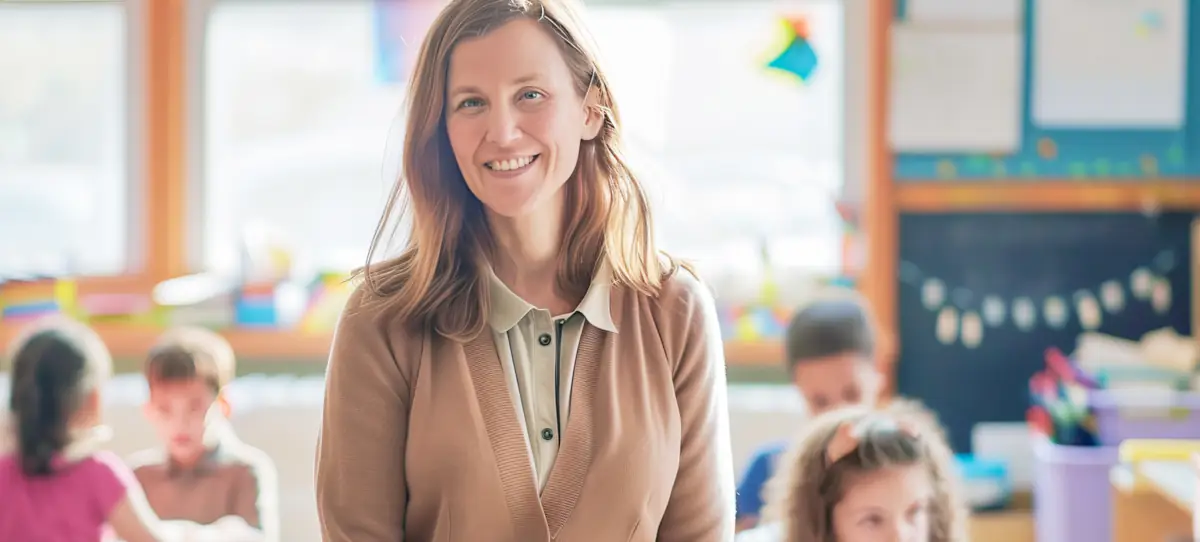 Smiling woman in a classroom with young children in the background. The setting is warm and inviting, suggesting a positive learning environment.