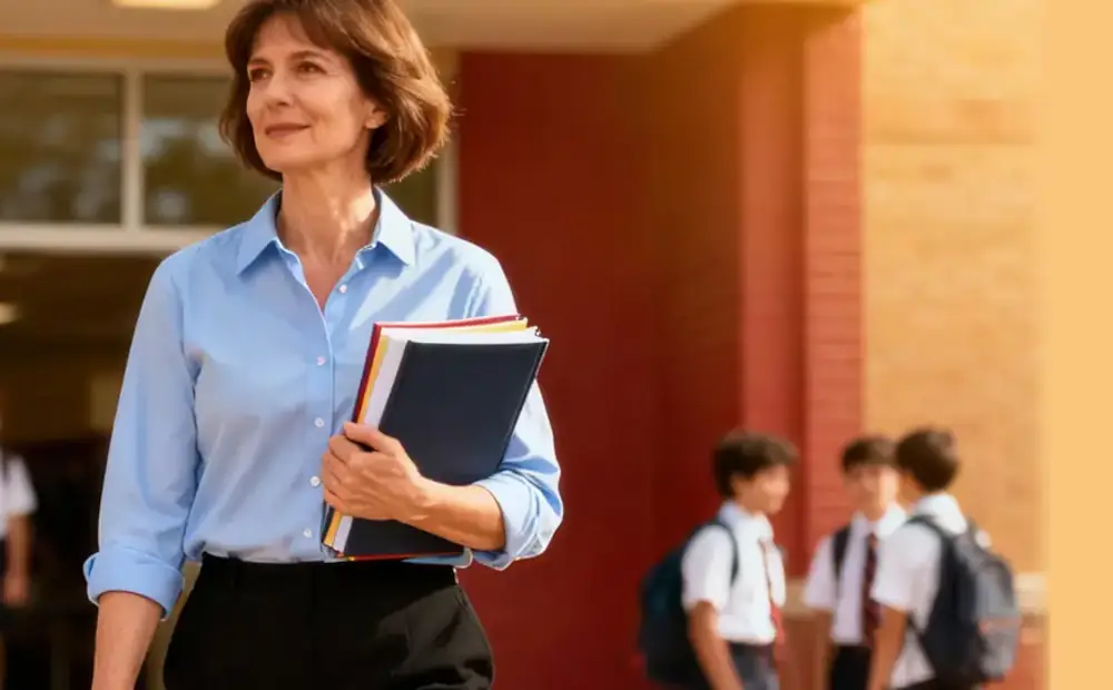 A school teacher in a light blue shirt holds books, standing confidently in front of a school. Students in uniforms walk in the background, conveying an educational setting.